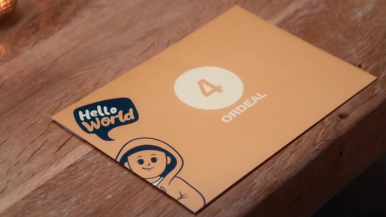Close-up van een Hello World-kaart tijdens het netwerkevent van Tunga